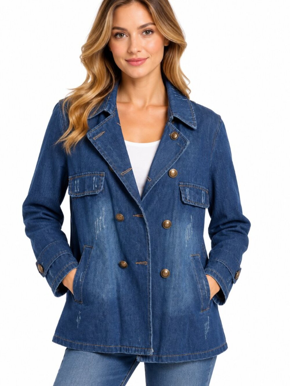 Vintage Style Blue Denim Double Breasted Blazer Jacket Distressed Gold Buttons